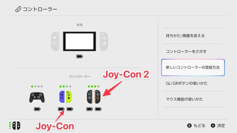 Joy-Conも、それぞれどのコントローラーが何番目なのかアイコンで判別できる