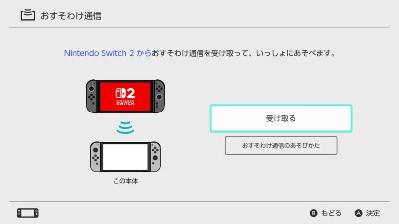 おすそわけしてもらう側のSwitchメニューから「おすそわけ通信」を選び、「受け取る」ボタン