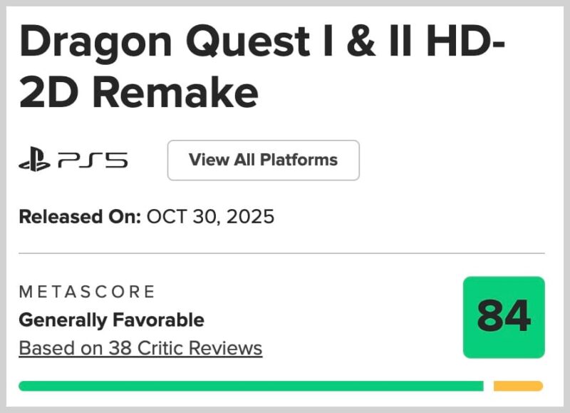 海外サイト「metacritic」でも高評価のドラクエ1&2